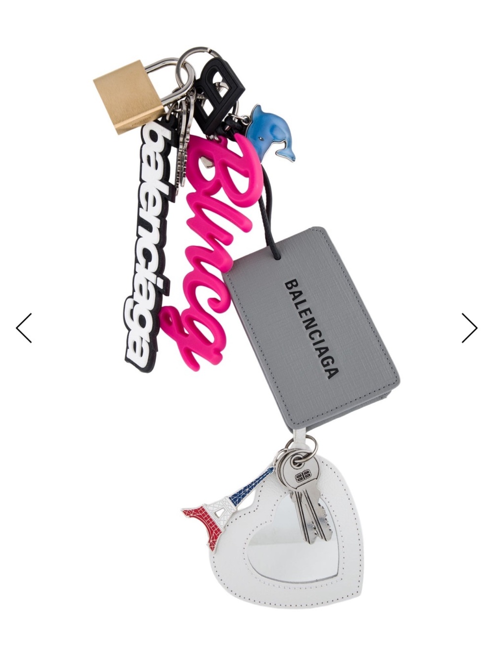 Balenciaga Pink Script Multicharm Keyring with Black, Gray & White Accents